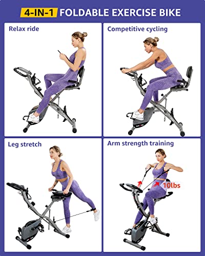 BARWING 4 IN 1 Foldable Stationary Exercise Bike | Home Workout Spin Bike for Seniors | 330LB Capacity, 16-Level Magnetic Resistance | BARWING